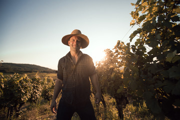 Vineyard owner with hat standing in his vineyard