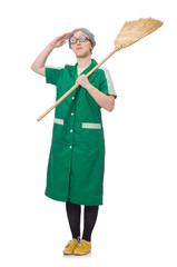 Woman with sweeping brush isolated on white