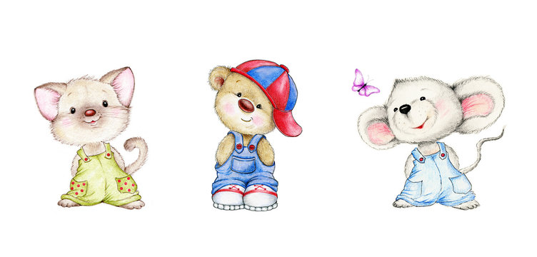 Set of 3 cute animals, cat, bear, mouse