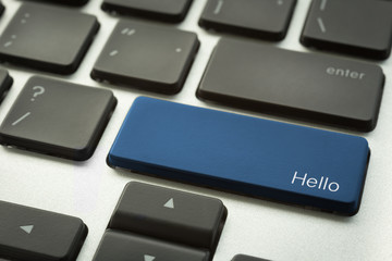 Computer keyboard with typographic HELLO button