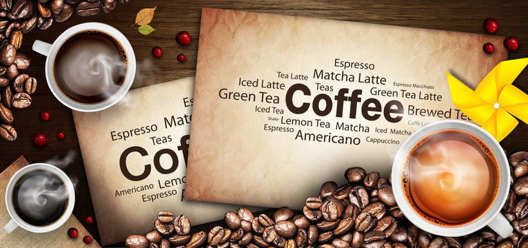 Coffee cup and coffee beans on a wooden table