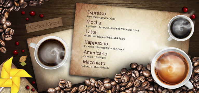 Coffee cup and coffee beans on a wooden table