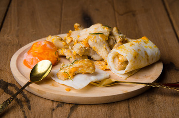Scrambled fried meat and eggs