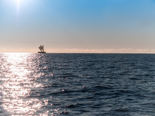 Maori sailing waka of Tauranga coast.