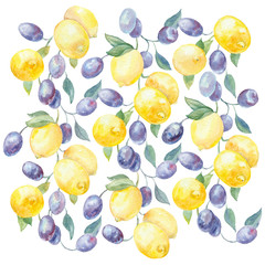 Fototapeta premium Watercolor decorative pattern lemons and plums
