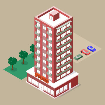 Isometric multistory building with store and balconies. There are cars, lawn and trees beside this. Vector illustration for your design.