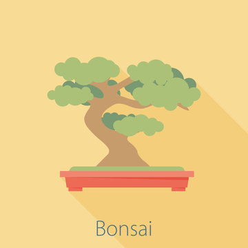 Vector illustration long shadow flat icon of bonsai tree
