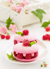 French makarons cake with raspberries.