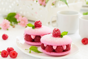 French makarons cake with raspberries.
