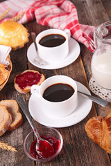 coffee cup with bread,croissant and jam