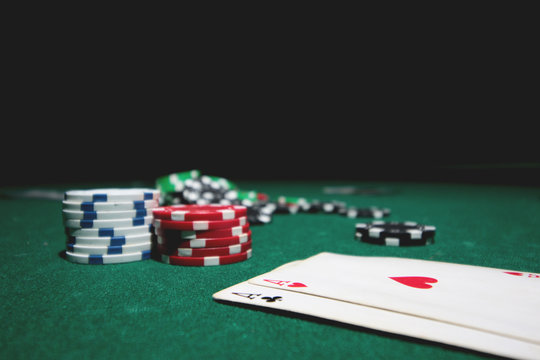 poker chips on the cloth combination of cards