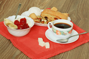 Breakfast with coffee and cream dessert