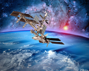 Earth satellite space station spaceship orbit sci fi landscape. Elements of this image furnished by NASA.
