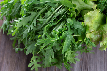 Variety fresh organic herbs on wooden background in rustic style