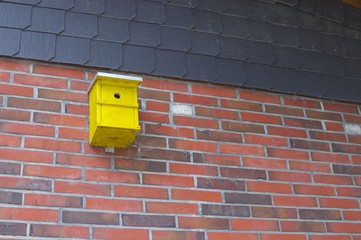 Gelbes Vogelhaus an der Hauswand.