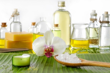 Spa set on banana leaf with spa oil