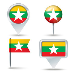 Map pins with flag of Burma