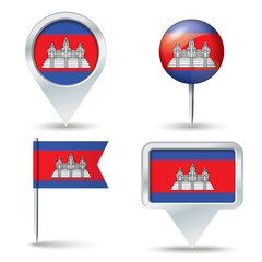 Map pins with flag of Cambodia