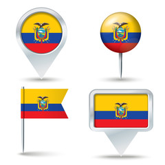 Map pins with flag of Ecuador
