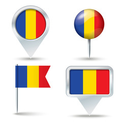Map pins with flag of Romania