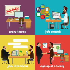 Recruitment flat icons set with job search, job interview and signing of a contract. vector illustration.