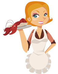 Nice cartoon waitress with apron serving lobster