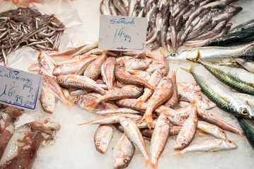 seafood at Mercat de Sant Josep de la Boqueria market in Barcelona, Spain