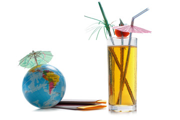 Diving mask, passports, tickets, globe as a vacation concept. Summer journey preparation. Planning holidays, checking documents, choosing destination point, having fun.