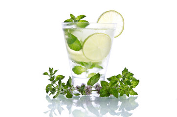 Glass of lemonade with lime and mint  on white background