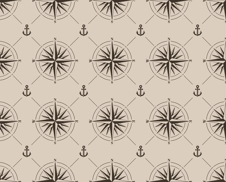 Seamless pattern with compass rose and anchor