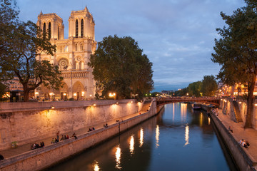 Fototapeta na wymiar Notre Dame de Paris and Seine embankment in summer evening