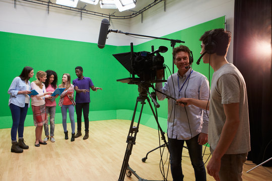 Students On Media Studies Course In TV Studio