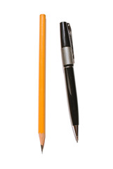 yellow pencil with black pen on white 