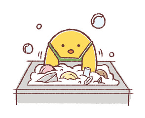 食器洗いをするヒヨコ