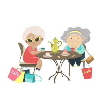 Two old women talking in a cafe after shopping