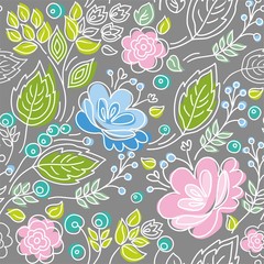 Fototapeta na wymiar Seamless gray pattern, blue, pink flowers, green leaves, white outline. 