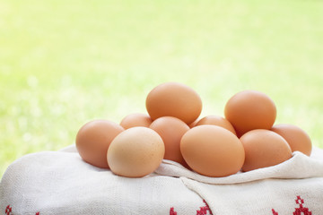Free range eggs on white towel