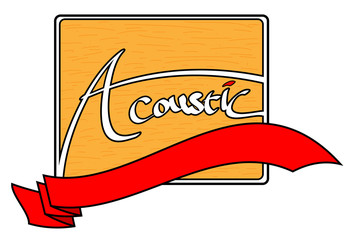Acoustic Logo, A logo with stylized Acoustic word on it with a wood grain motive background, layered with red ribbon banner which is editable.