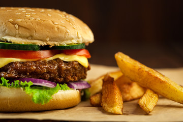 Delicious Cheeseburger with french fries