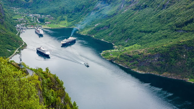 Geiranger fjord, Norway. It is a 15-kilometre (9.3 mi) long branch off of the Sunnylvsfjorden, which is a branch off of the Storfjorden (Great Fjord).