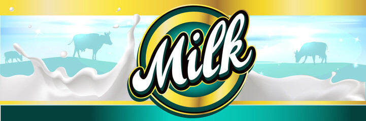 milk label design banner with milk splash, landscape and cow - vector