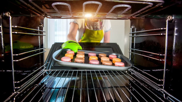 Baking macarons in the oven view from the inside of the oven. Cooking in the oven.