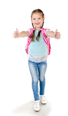 Happy schoolgirl with backpack and fingers up