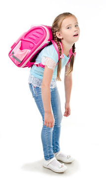 Tired Schoolgirl With Heavy Backpack Isolated