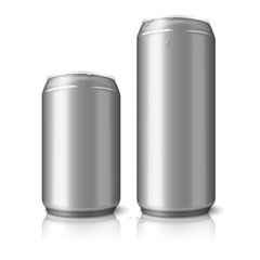 Two blank aluminum beer cans isolated on white background, with