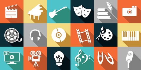 set of icons dedicated to arts: painting, music, literature, ballet, theater and cinema. - obrazy, fototapety, plakaty