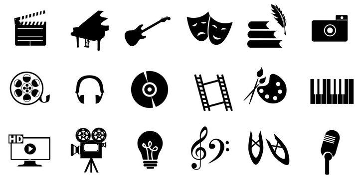 
set of icons dedicated to arts: painting, music, literature, ballet, theater and cinema.