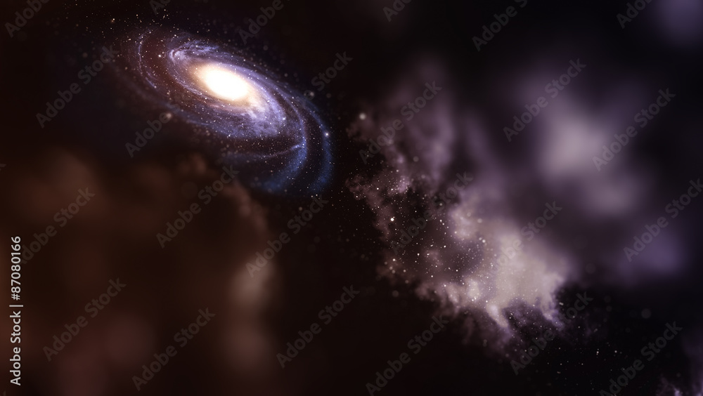 Sticker spiral galaxy with tilt-shift effect in deep space.