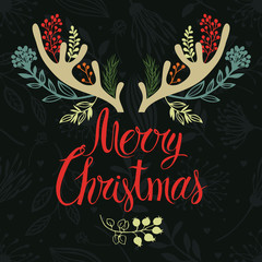 Christmas antlers postcard cover design. Calligraphy and forest