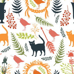 Background with silhouettes of birds and cats, flowers and twigs